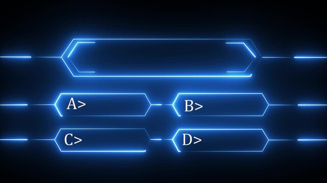 Abstract Cyan neon graphic equalizer bars with option choices a b c d and a central long bar for quiz shows or contests as a looping .
