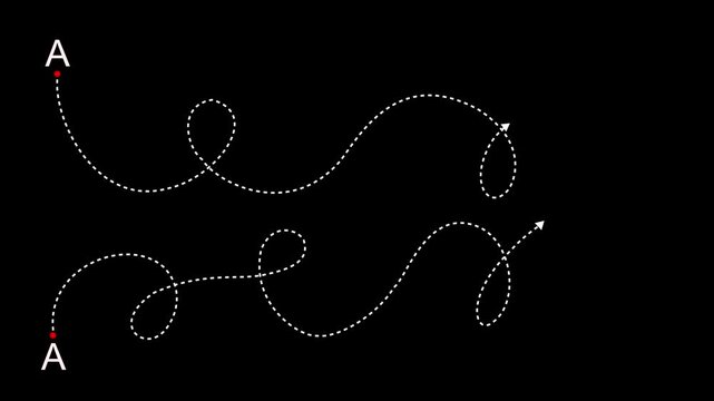 Complex and easy way from point A to B. hand drawn doodle scribble chaos path lines. kids tracing paths. Motion graphics of concept. black background. animation 4k video