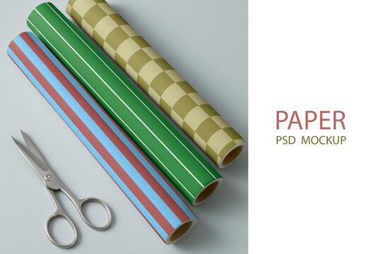 Colorful Wrapping Paper Rolls Mockup With Scissors PSD