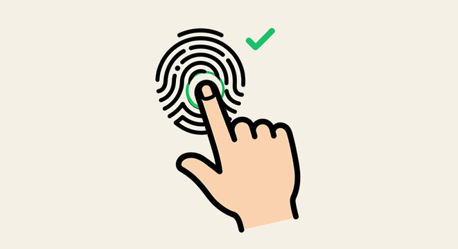 Fingerprint scanning icon with hand touching biometric sensor and green checkmark for successful verification.