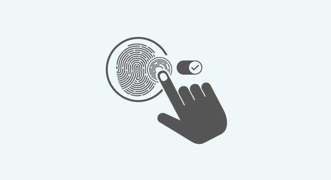 Fingerprint biometric scanning icon with hand touching sensor for secure access verification.