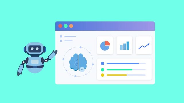 Modern flat vector animation of an AI business analytics dashboard with virtual assistant, neural network visualization, performance charts, business metrics, and data insights. Ideal for artificial i