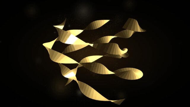 Golden ribbons floating in dark space abstract motion background video clip