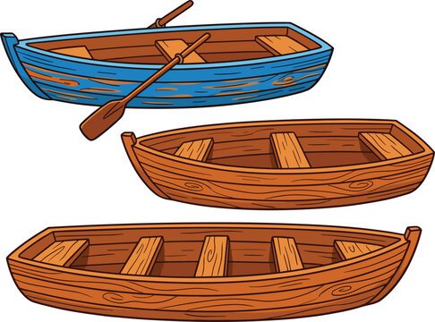 Cartoon wooden rowboat collection featuring old blue and brown empty small boats with oars for lake river or ocean fishing vector illustration