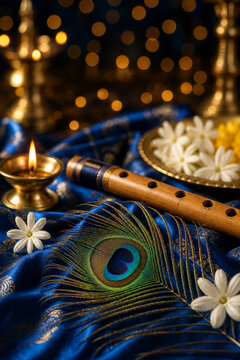 Peacock feather and flute devotional Janmashtami close up
