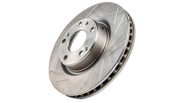 Metallic silver car brake disc automotive spare part isolated on transparent background