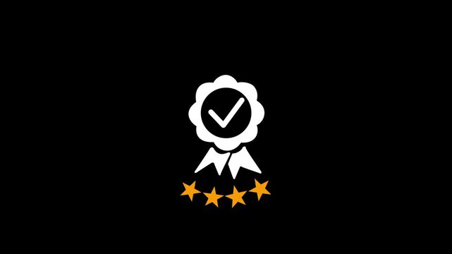 usinessman presenting quality assurance badge with four star rating and approval check mark above customer satisfaction, service black background. animation 4k video