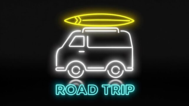 Neon van with a yellow surfboard on the roof and cyan ROAD TRIP text glowing against a black background. Perfect for summer travel, surf vacations, and retro adventure concepts.