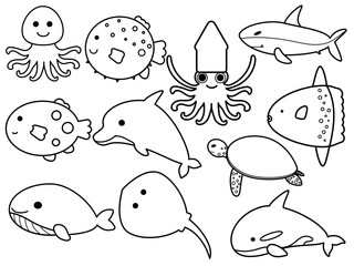 海の生き物セット モノクロアイコン かわいい海洋生物のベクターイラスト集 © Greenwoman