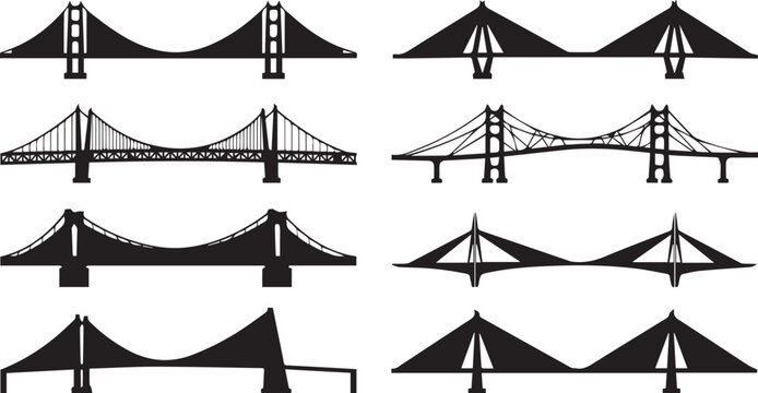 Suspension Bridge Silhouette Vector Set Featuring Cable Stayed Bridges Engineering Structures Overpasses and Nautical River Crossing Icons