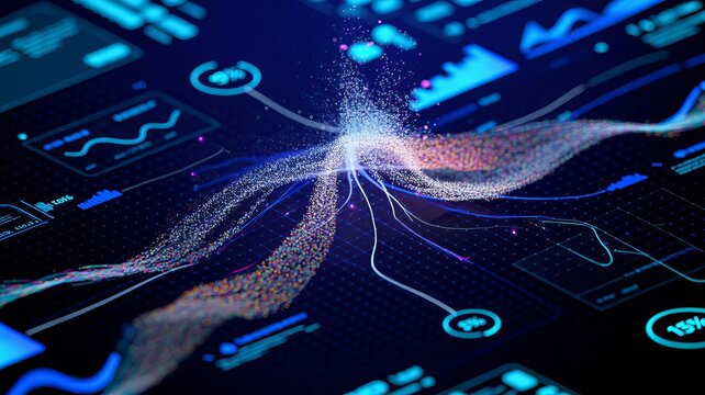 Abstract Data Flow Network With Glowing Particles data visualization