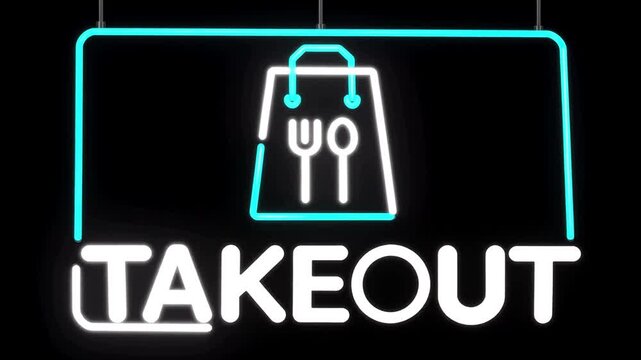TAKEOUT glowing neon sign featuring a bag, fork, and spoon icon with cyan and white lights on a black background. Perfect for restaurant delivery or food service promotions.