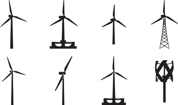 Wind Turbine Silhouette Vector Set Featuring Renewable Energy Generators Offshore Wind Farm Propellers and Vertical Axis Turbines