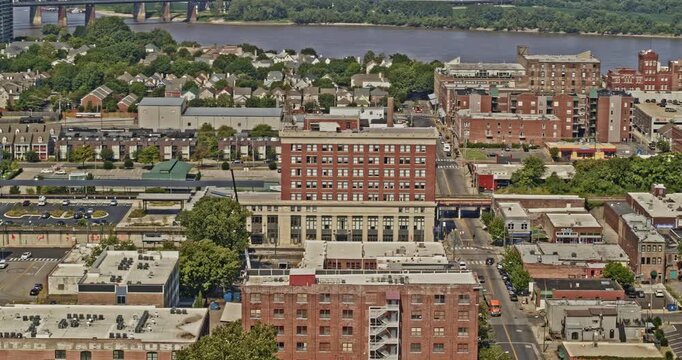 Memphis Tennessee Aerial v19 drone hovering showcasing the poverty contrast in the south forum neighborhood with the civil rights museum in frame - Shot with Inspire 2, X7 camera - August 2020