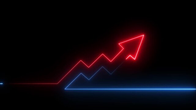Abstract neon arrow business graph chart icon animation background. Market Recovery Concept. Successful growth trend graph going Up.on the Financial data and black background.Motion graphics