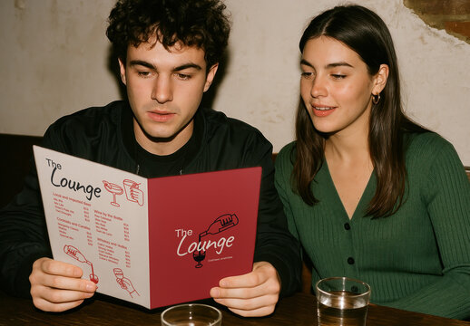 Couple Exploring Menu Mockup At Cozy Restaurant Table PSD