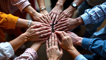 Obraz premium A group of people is shown placing their hands together in the center, creating a circular formation