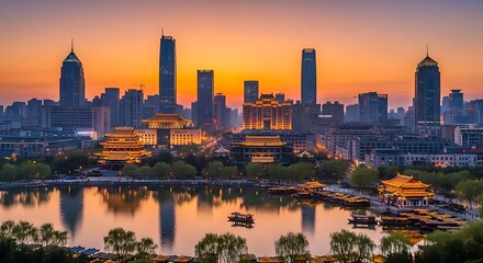 Obraz premium Illuminated Modern City Skyline Reflecting Over Lake at Orange Sunset