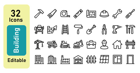 Building and construction line icons set with editable stroke vector, minimalist architecture tools, home renovation and industrial engineering web icon pack © Farhana