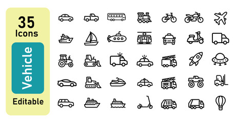 Vehicle and transportation line icons set with editable stroke vector, minimalist traffic automobile tools, global travel shipping and logistic web icon pack © Farhana