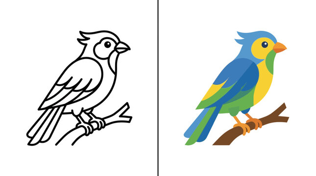 A comparison of a black and white line art bird drawing and a colorful cartoon bird illustration.