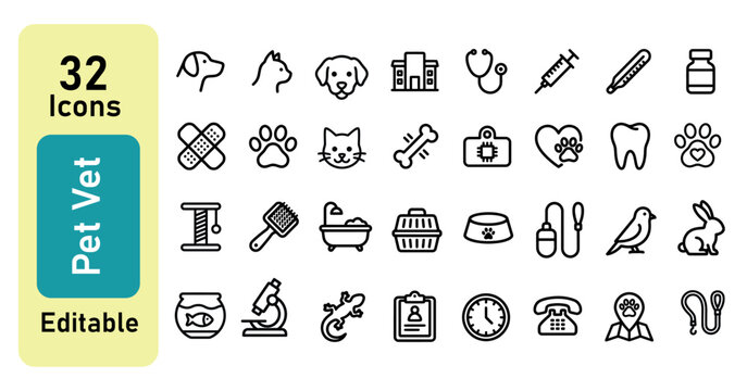 Pet vet line icons set with editable stroke vector, minimalist veterinary medicine tools, domestic animal clinic care and pet shop web icon pack