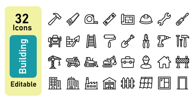 Building and construction line icons set with editable stroke vector, minimalist architecture tools, home renovation and industrial engineering web icon pack