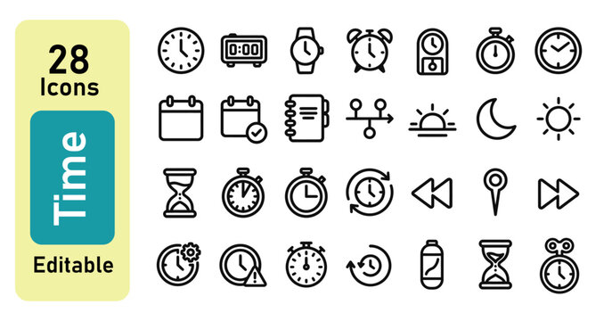 Time and clock line icons set with editable stroke vector, minimalist schedule calendar tools, deadline countdown and countdown web icon pack