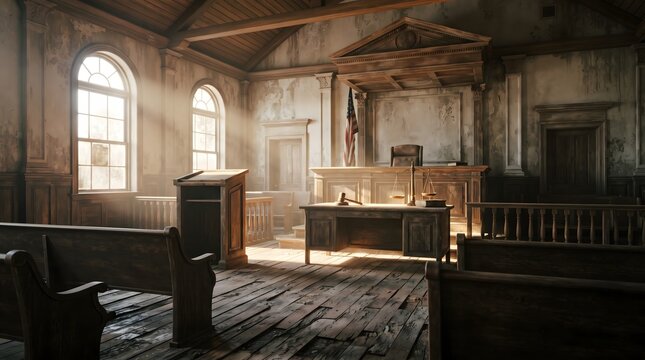 Abandoned Historic Wooden Courtroom Interior with Dusty Sunlight Beams Streaming