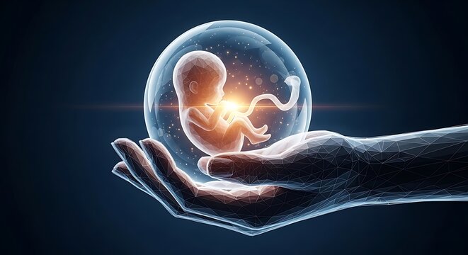 Digitally rendered human embryo within a protective bubble, held by a geometric hand