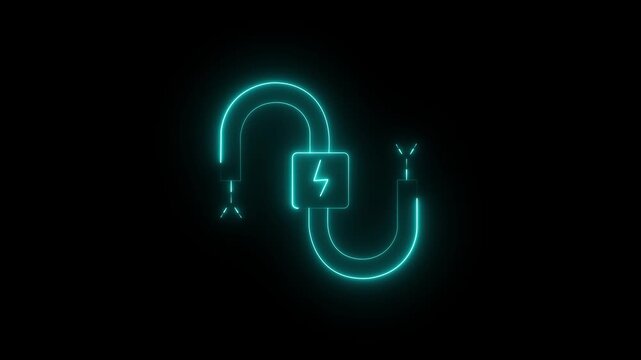 glowing sun blue electric power cord symbol with lightning bolt icon on a dark black background representing energy connection and technology animation 4k video