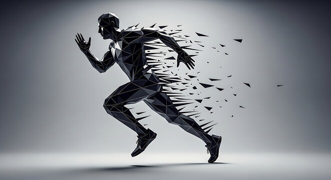 Abstract Low Poly Runner Sprinting with Fragmented Body on Gray Studio Background