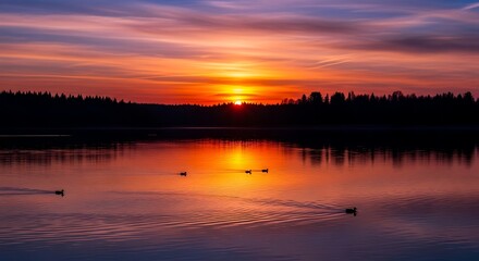 Obraz premium Colorful Sunset Reflecting on Calm Lake with Duck Silhouettes Near Forest Shore