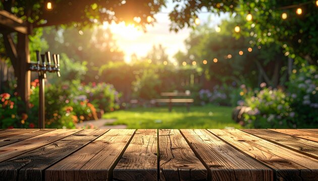 An empty wooden table, with a backdrop of a backyard party scene featuring a blurred draft beer dispenser.
