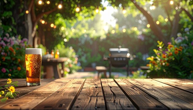 An empty wooden table, with a backdrop of a backyard party scene featuring a blurred draft beer dispenser.