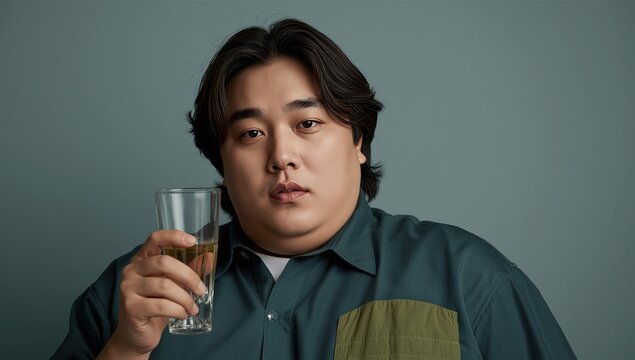 Casual portrait of a young man holding a glass, wearing a green and gray shirt, against a muted backdrop
