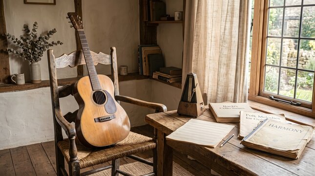 Acoustic Guitar Resting on a Rustic Wooden Chair in a Quiet Sunlit Music Studio