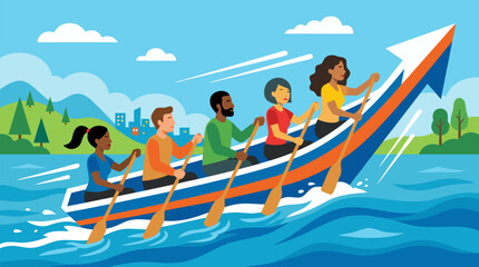 Obraz premium Diverse business team rowing a boat shaped like a soaring arrow, paddling together across bright waves toward shared goals, growth, leadership, momentum and collective success journey