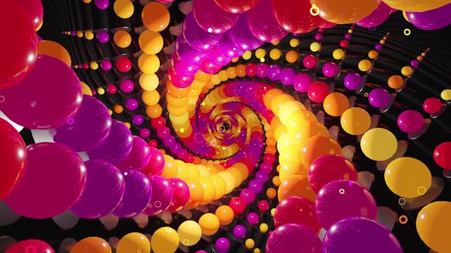 Abstract digital vortex made of twisting spheres, spiral particle arrays and atomic structures, creating deep astrophysics science background