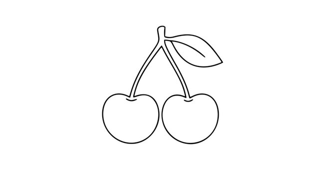 Hand traced cherry pair vector icon with twin fruit, curved stems and leaf in clean black outline, minimalist food illustration for packaging, labels, recipes, orchard branding, summer produce designs