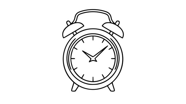 Classic alarm clock vector icon with twin bells, clock hands and tick marks in bold black outline, minimalist time illustration for wake up reminders, schedules, deadlines and morning routines