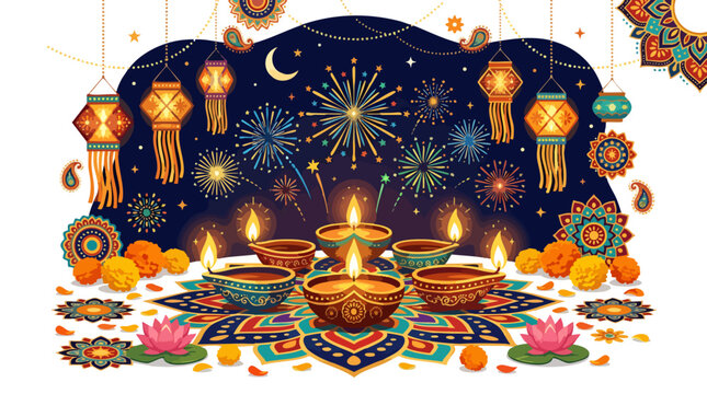 Diwali Celebration with Lamps and Fireworks: A vibrant illustration of Diwali, the festival of lights, featuring traditional clay lamps (diyas) illuminating a colorful rangoli.