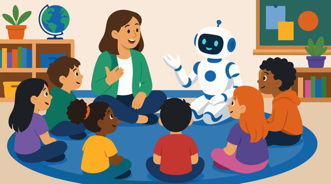 Friendly teacher and smiling robot co-teach curious children seated in a classroom circle, playful AI education vector illustration for future learning, STEM, diversity, and digital literacy