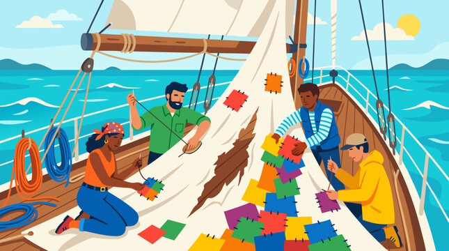 Cheerful vector illustration of diverse sailing crew repairing a torn sail with colorful fabric patches on a boat deck at sea, teamwork, maritime adventure, craft, resilience and nautical creativity