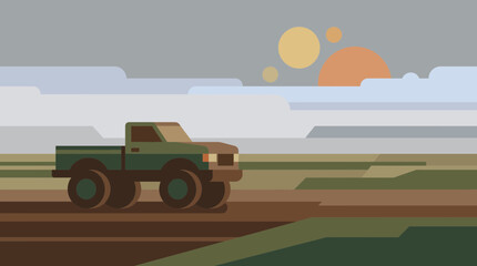 Pickup Truck Moving Through Misty Morning Farmland © Bima