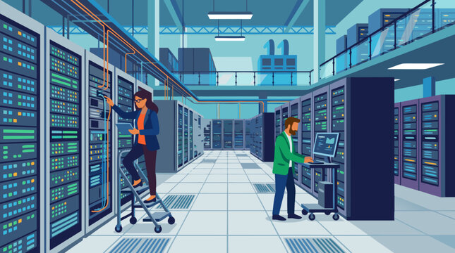 Futuristic data center operations team maintaining tall server racks, glowing dashboards and network cables in secure cloud computing facility vector illustration for technology infrastructure