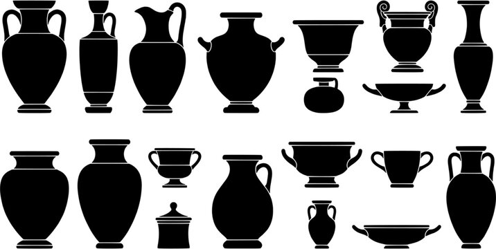Ancient Greek pottery icon set in a flat black silhouette style including amphora, krater, kylix, and hydria vessels.
