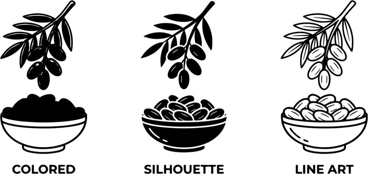 Date fruit icon set. Collection includes colored, silhouette, and line art designs of dates on a branch and in a bowl. Editable vector illustration on white background.