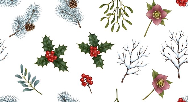 Watercolor Winter Botanical Elements Arranged on White Background