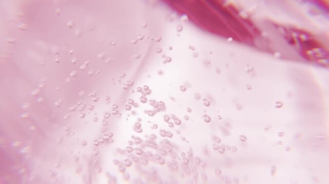 Cosmetics pink serum liquid bubble 3d abstract background. Cosmetic moisturizer essence gel. Collagen fluid bubble molecule. Moisturizing cream or oil for personal health care and beauty skin concept